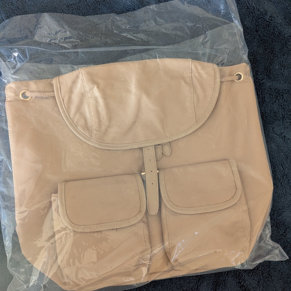 Beige Women's Leather-Look Backpack with Front Pockets